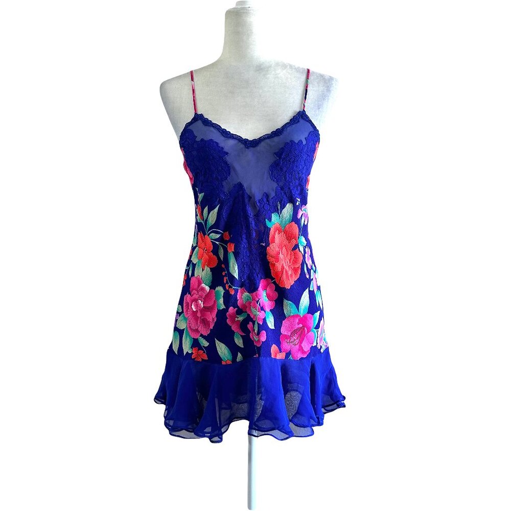 Victoria Secret Vtg 90s Floral Blue Gold Label Slip On Lingerie